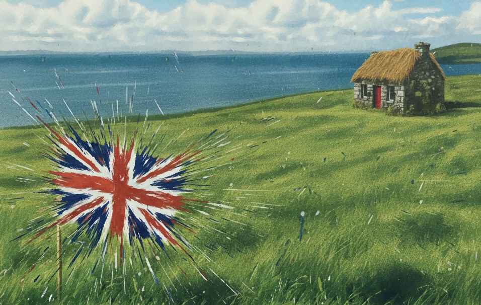 Irish countryside with exploding British flag